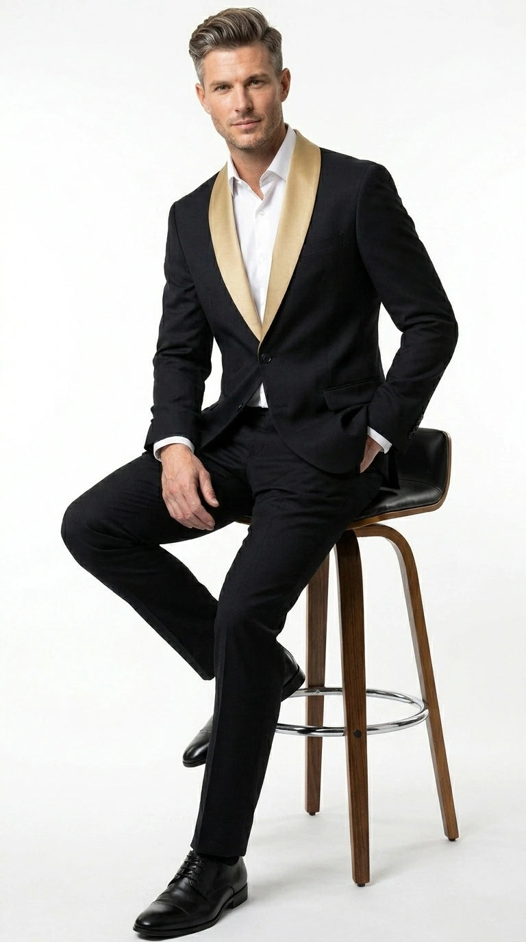 Men’s Black Suit with Gold Lapel – Luxury Formal Tuxedo Style Suit for Wedding, Prom, Party and Evening Wear - 34 Short or Extra Small
