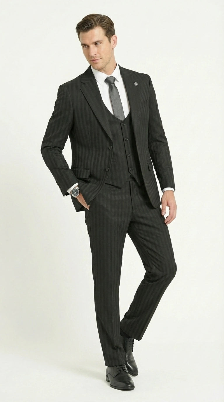 Men’s Black Pinstripe 3 Piece Suit – Vested Formal Business Suit for Wedding, Office, Prom and Party Wear - 34 Short or Extra Small