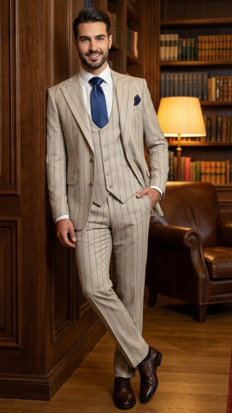 Men's Beige with blue Pinstripe Three-Piece Suit with Vest by Rossiman Vested Peak Lapel in Tan Stripe 1920s style - 34 Short or Extra Small