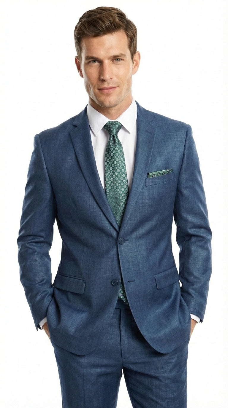 Men’s Indigo Blue Sharkskin Suit – Textured Shiny Formal Suit for Wedding, Business, 2 Buttons Slim Fitted - 34 Short or Extra Small