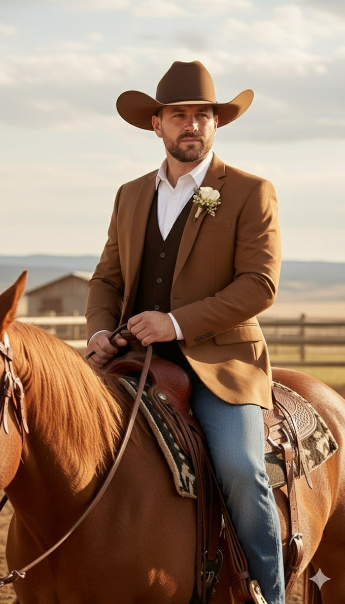 Mens Rust Copper Brown Western Blazer Cowboy Style Classic Tailored Jacket for Weddings, Rodeos and Country Events
