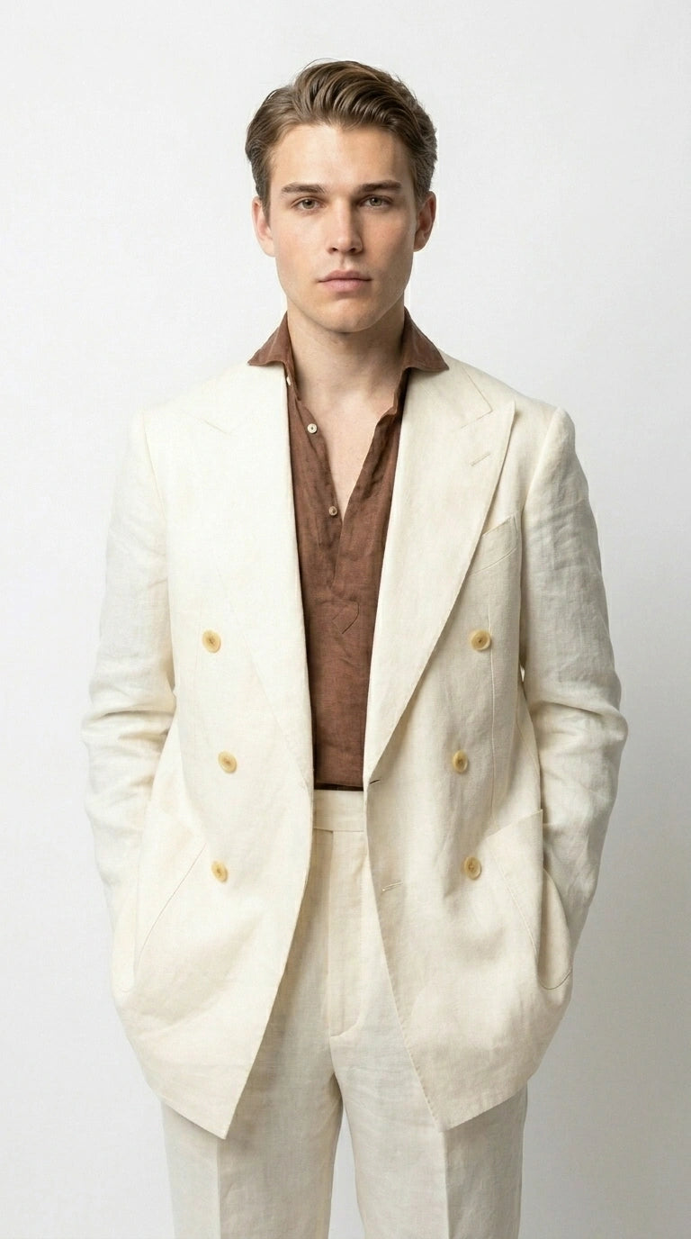 Men’s Off White 70s Style Double Breasted Suit – Vintage Retro Wide Lapel Classic Outfit for Party, Wedding and Casual Fashion Wear - 34 Short or Extra Small
