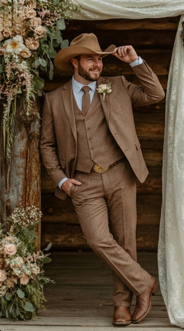 Men’s Light Brown Western 3 Piece Suit – Classic Country Style Blazer Vest Pants Set, Formal Cowboy Suit Toast - 34 Short or Extra Small