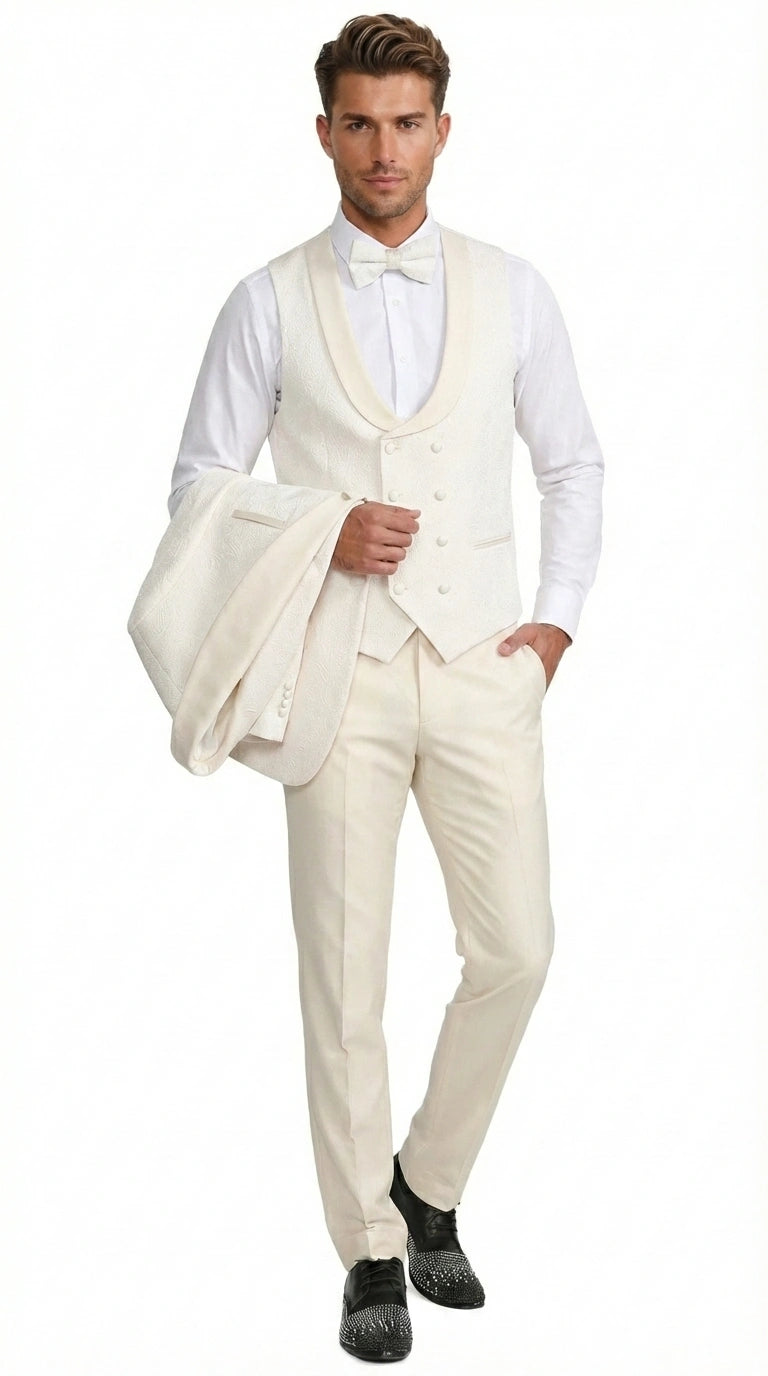 Men’s Ivory Paisley Tuxedo Suit 3 Piece – One Button Vested Satin Formal Suit for Wedding in Off white Cream Color - 40