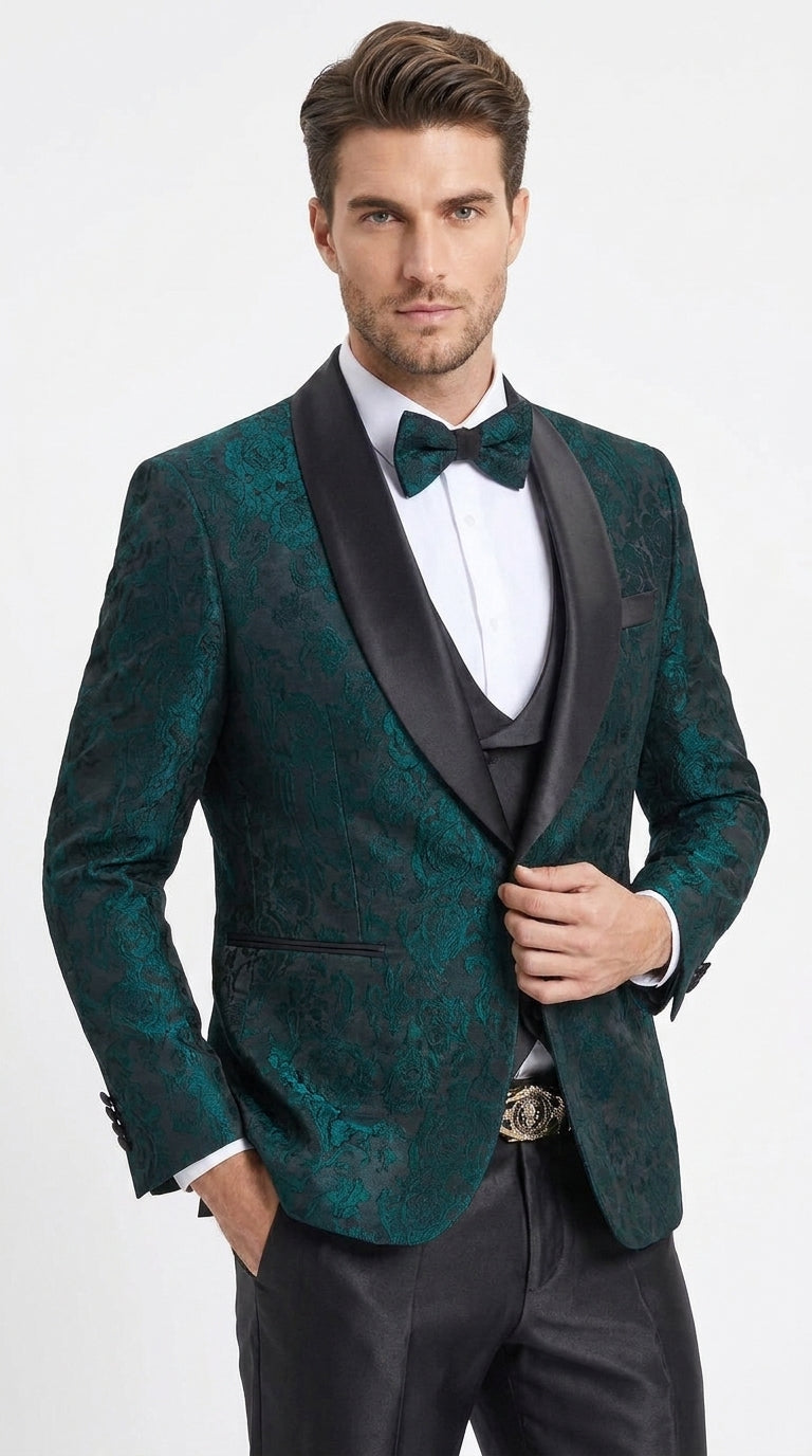 Tazzio Men’s Hunter Green & Black Paisley Tuxedo – Skinny Fit Shawl Collar 3-Piece Prom and Wedding Suit - 34 Short or Extra Small