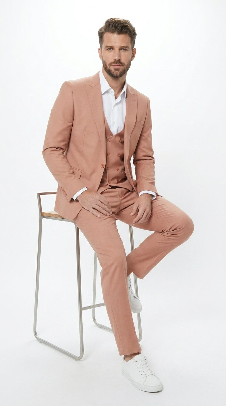Men’s Peach Light Brown 3 Piece Suit – Wedding & Prom Formal Suit Set, Blazer Pants Double breasted vest