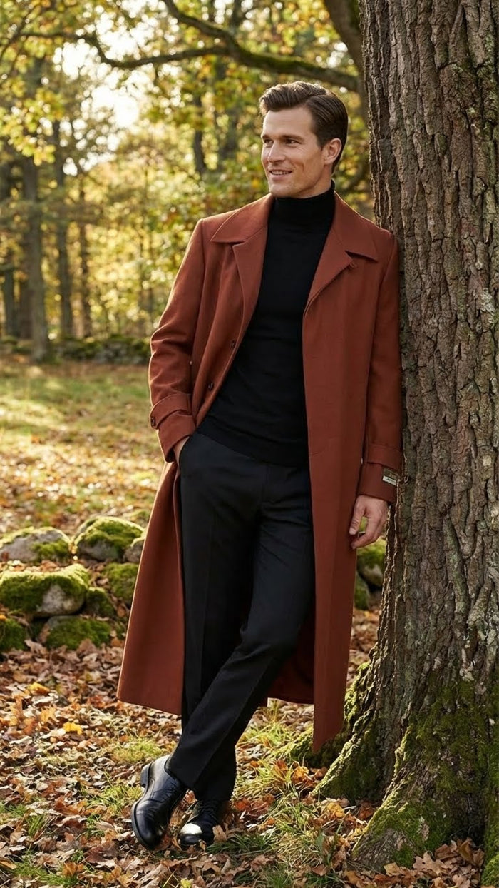 Mens Full-Length Cognac Overcoat Premium Wool-Blend Long Dress Coat for Winter and Formal Wear in Rust Brick Color
