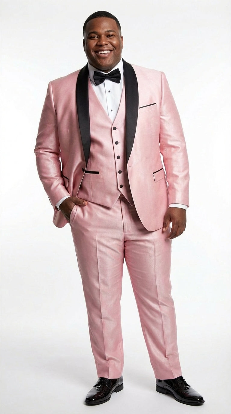 Men’s Blush Pink Shiny 3 Piece Suit with Black Shawl Lapel | Light Pink Prom Suit Sharkskin Fabric - Ultra Slim Fit - 34 Short or Extra Small