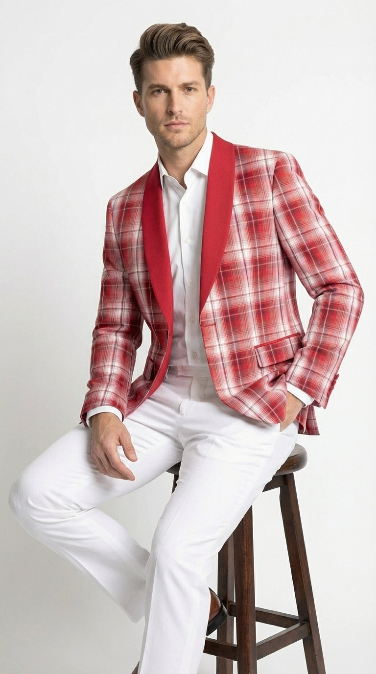 Mens Tartan Red and White Plaid Blazer – Check Pattern Sport Coat Red Shawl Lapel Party Christmas Holiday New Year - 36 Short