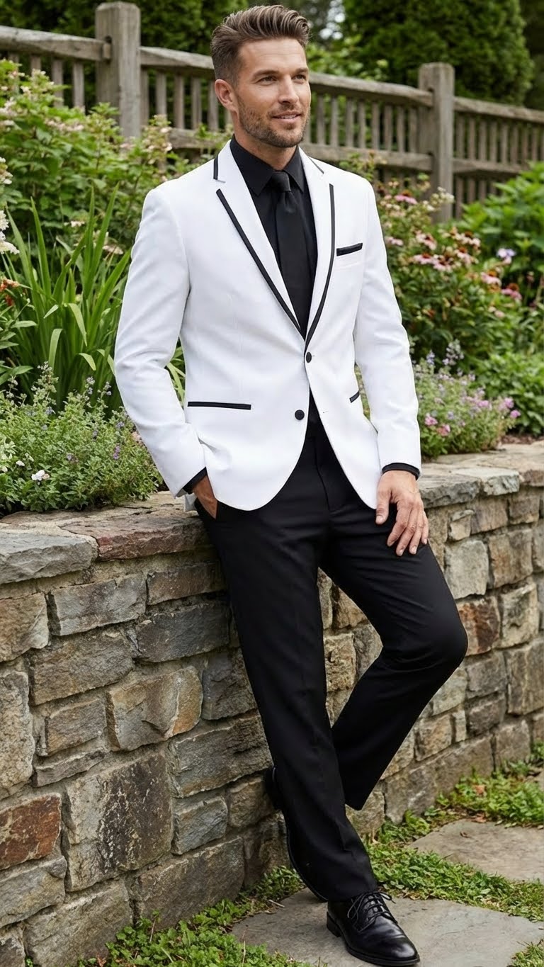 Menâ€™s White Blazer with Black Trim | Wedding and Party Formal Blazer Jacket - White Tuxedo Prom Jacket - 36 Short