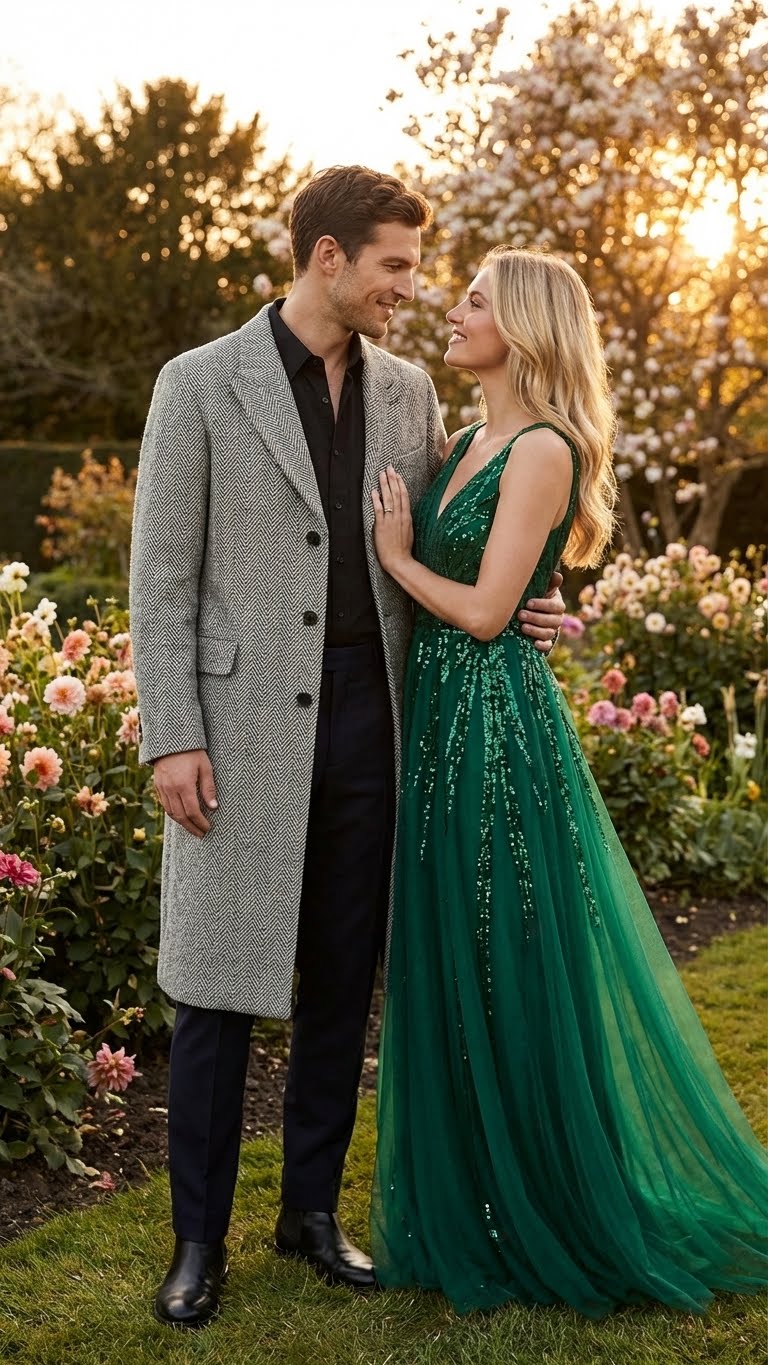 Men’s Grey Herringbone Long Overcoat – Tweed Black and White Pattern Wool Topcoat Three Qaurter - Coat Size 38