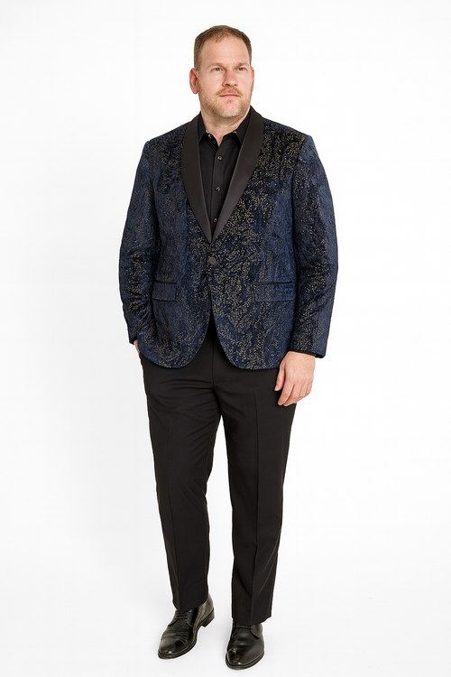 Mens Navy Blue Sequin Tuxedo Jacket with Black Satin Shawl Lapel – Luxury Prom and Wedding Blazer