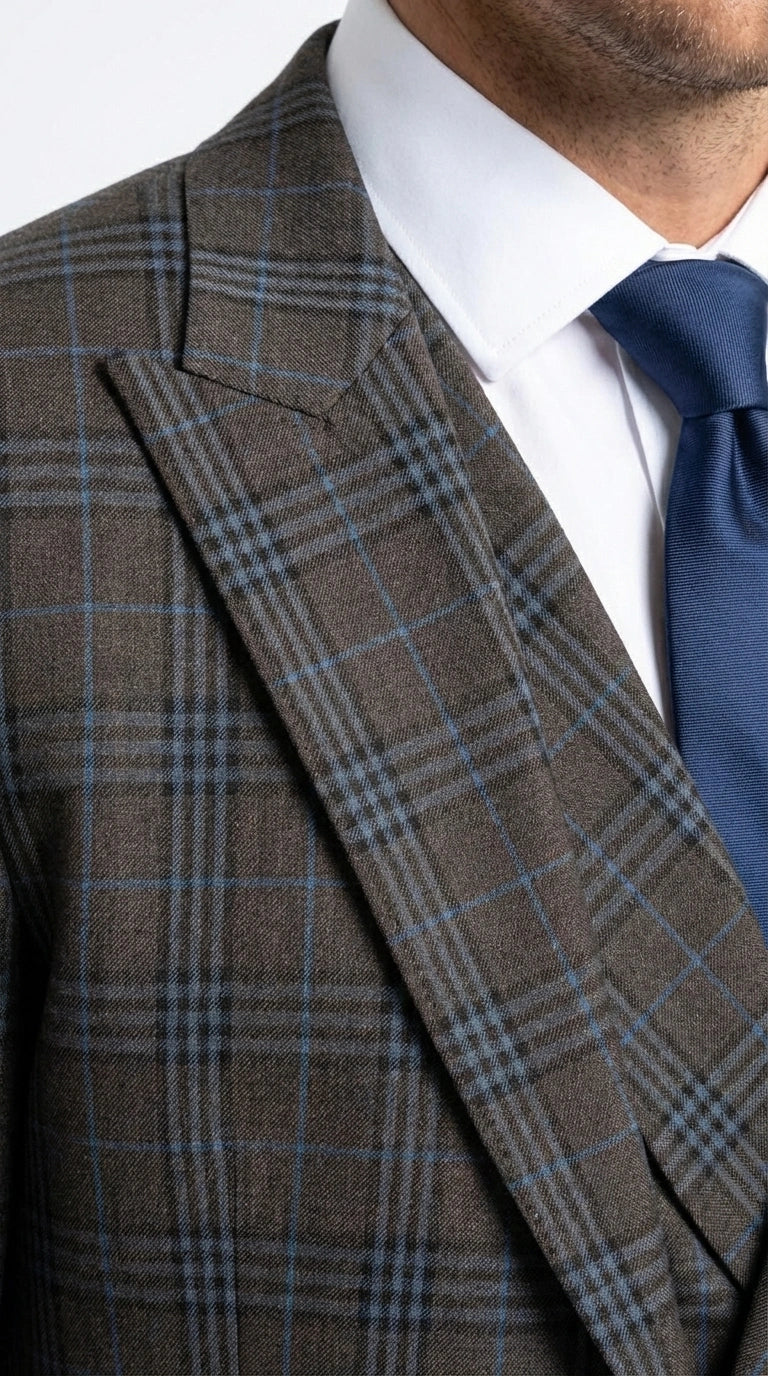 Vitali Men’s Brown Grey with blue Check 3 Piece Suit – Classic Plaid Formal Suit Set with Blazer, Vest & Trousers, Business Wedding Party Wear for Men Modern Fit - 34 Short or Extra Small