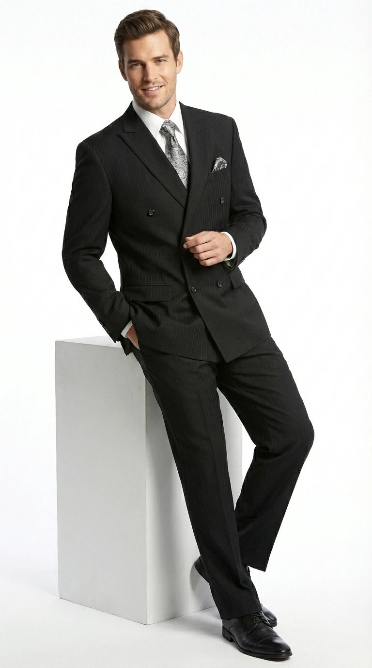 Men’s Black Pinstripe Double Breasted Suit – Peak Lapel Classic Fit Formal Business Conservative settle stripe - 34 Short or Extra Small
