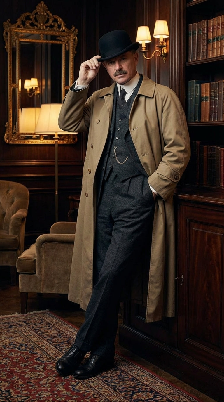 Men’s Beige Cotton Trench Coat Suit Package – Classic Long Overcoat for Formal + Suit + Hat - Coat Size 38