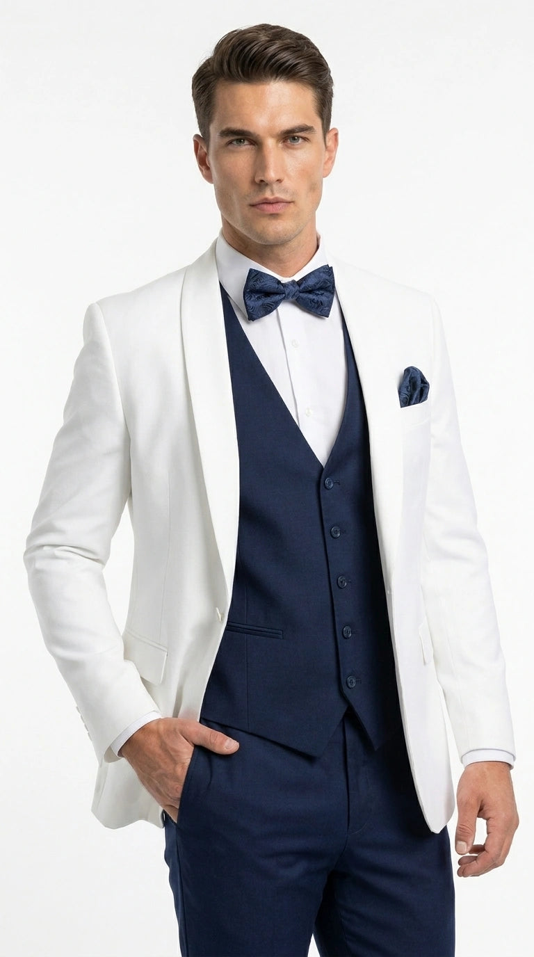 Men’s White and Navy blue tuxedo  3 Piece Suit – Classic White Blazer with Navy Vest and Pants for Wedding, Party + Bowtie - 34 Short or Extra Small
