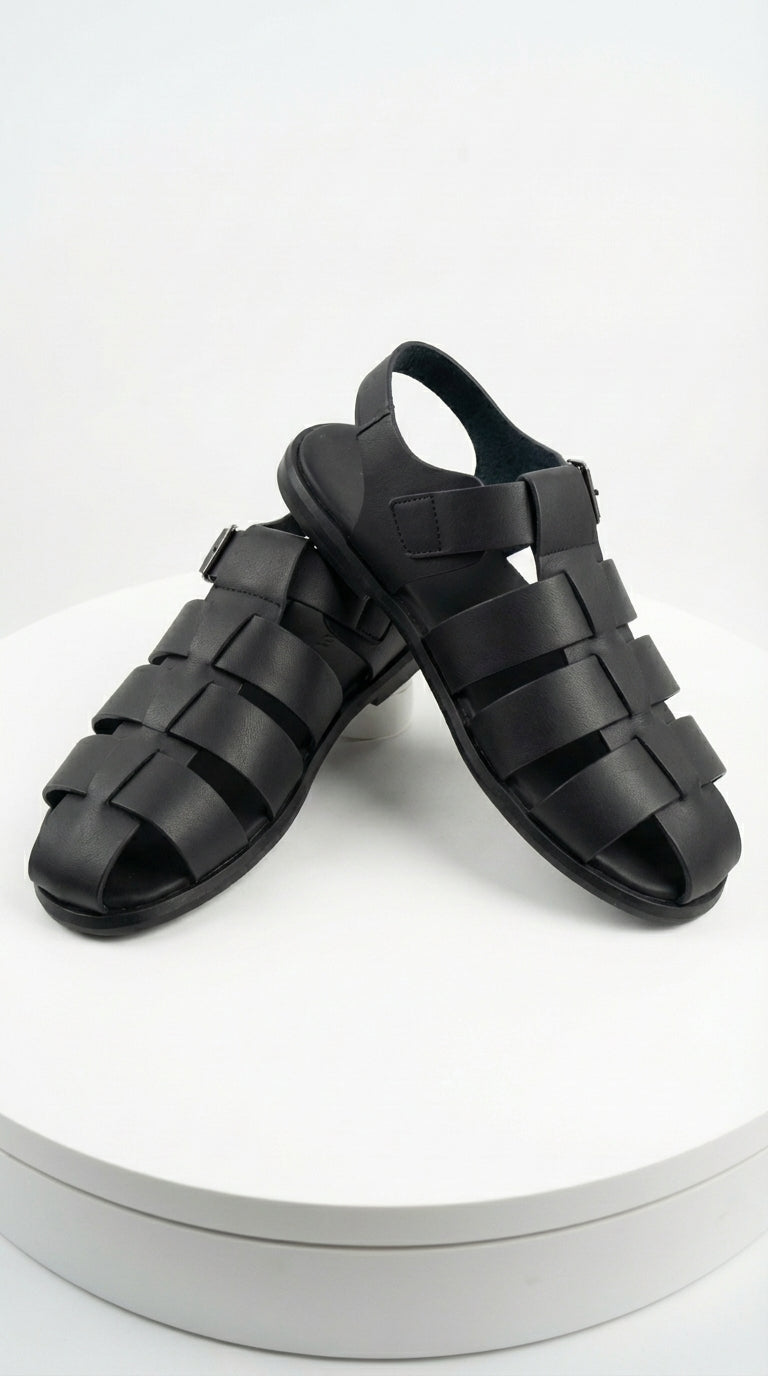 Mens Black Leather Sandals – Buckle Strap Casual Summer Shoes Breathable Open Toe Comfort Footwear - 39 (6-6.5 US)