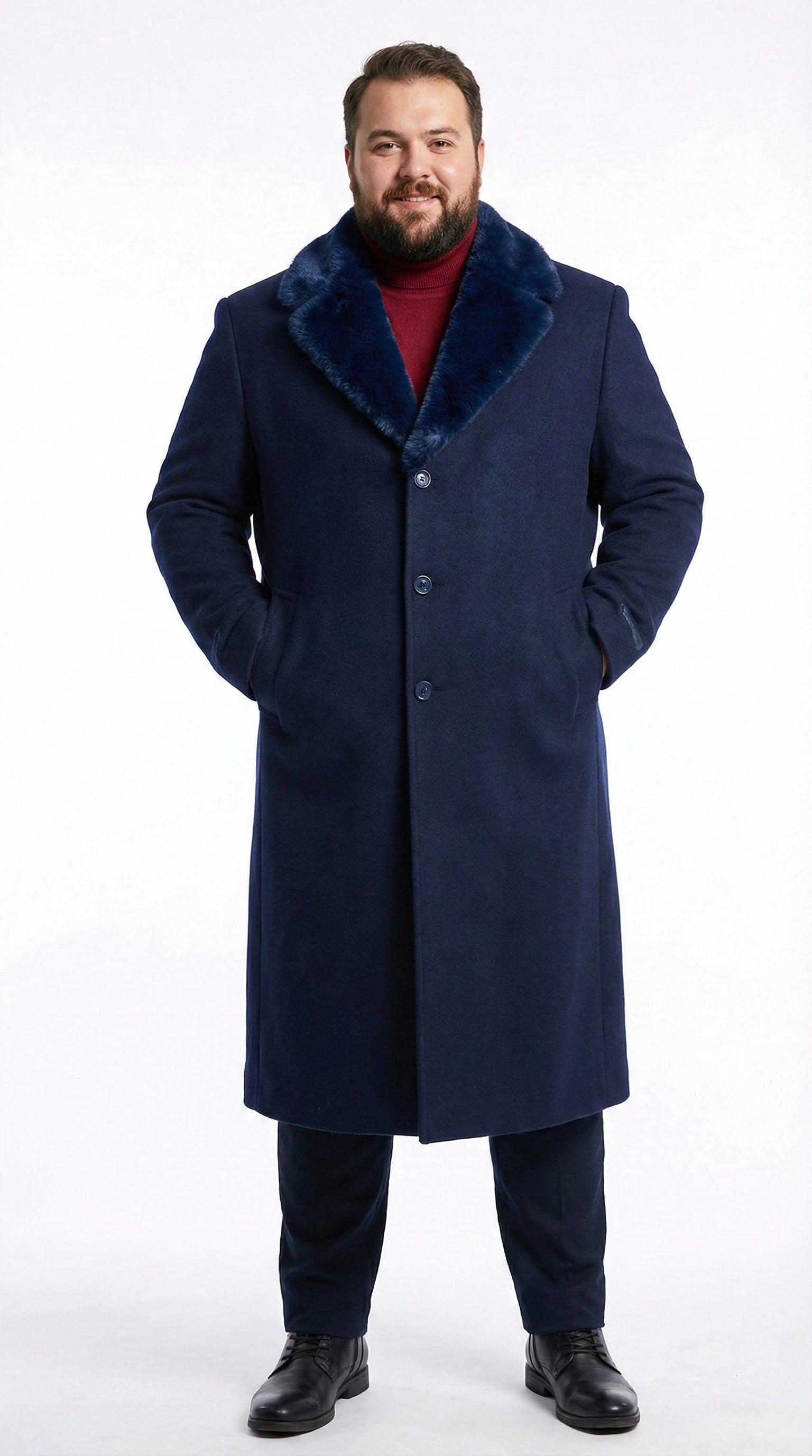 Mens Dark Navy Blue Long Overcoat with Faux Fur Collar, Classic Winter Dress Coat for Formal - Coat Size 38