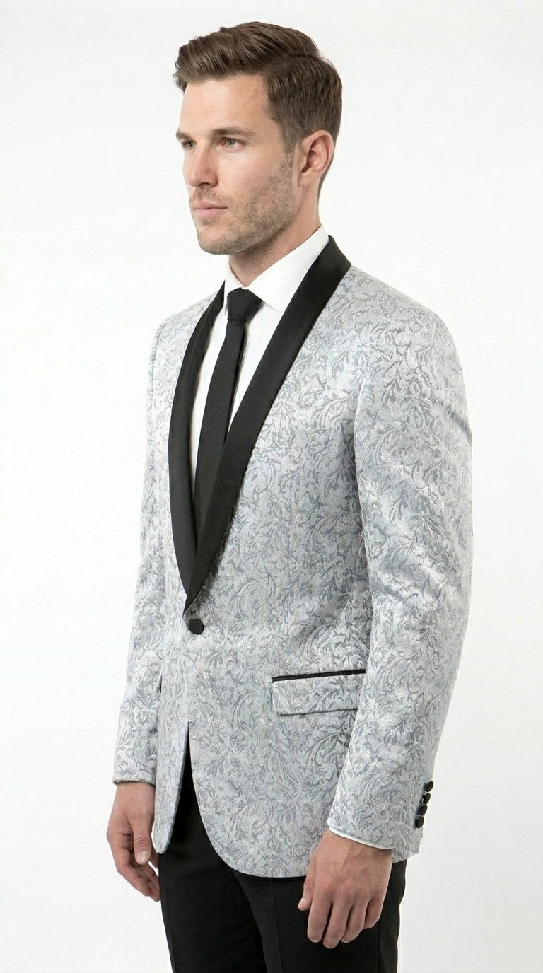 Men’s Silver and Black Floral Blazer – Elegant Formal Tuxedo Style Blazer Jacket for Wedding, Party, Prom and Evening Wear - 36R