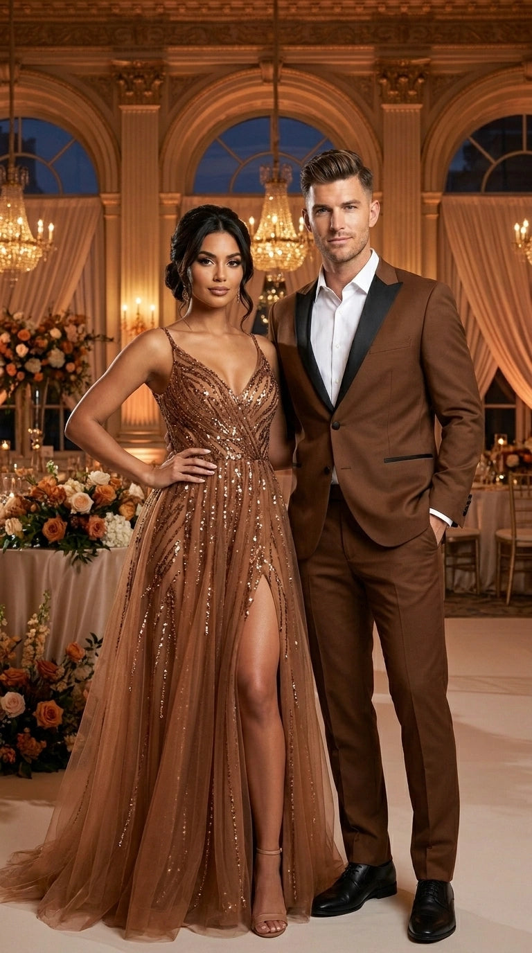 Men’s Light Brown Vested Piece Suit – Elegant Formal Suit with Contrast Lapel for Wedding, Party - 34 Short or Extra Small