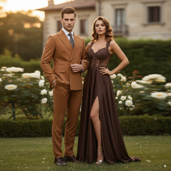 Mens Vitali Brand Rustish Orange Brown Copper Color Double Breasted Slim Fit Suit