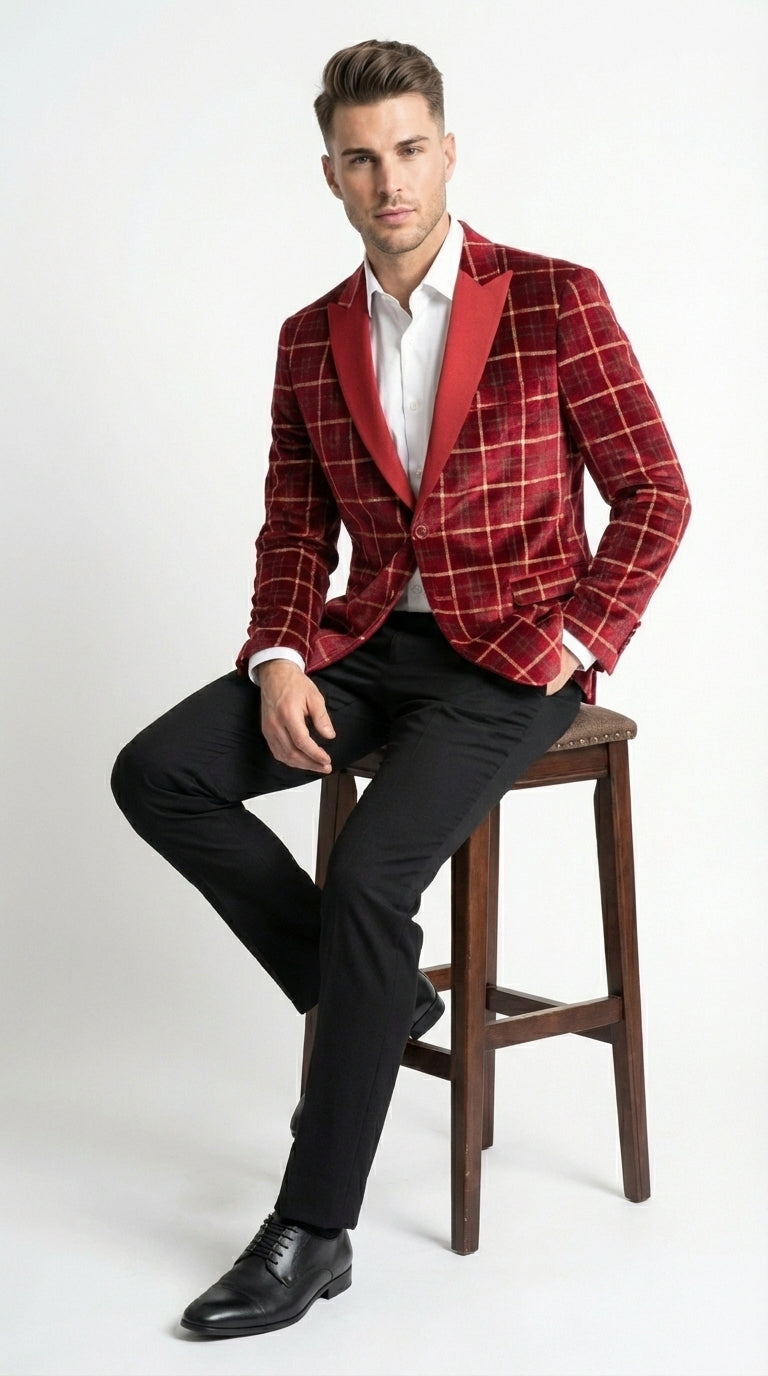 Mens Red Burgundy Plaid Blazer with Contrast Lapel – Velvet Fabric Check Prom Blazer Jacket for Party, Christmas New Year Holiday Jacket - 36 Short