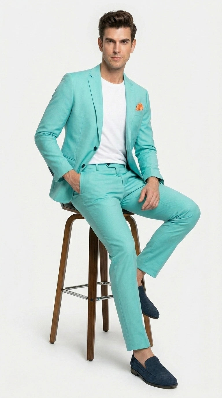 Men’s Turquoise 2 Piece Suit with Jacket and Pants, Formal Wedding Suit for Prom, Parties, Summer Events, and Special Occasions - 34 Short or Extra Small