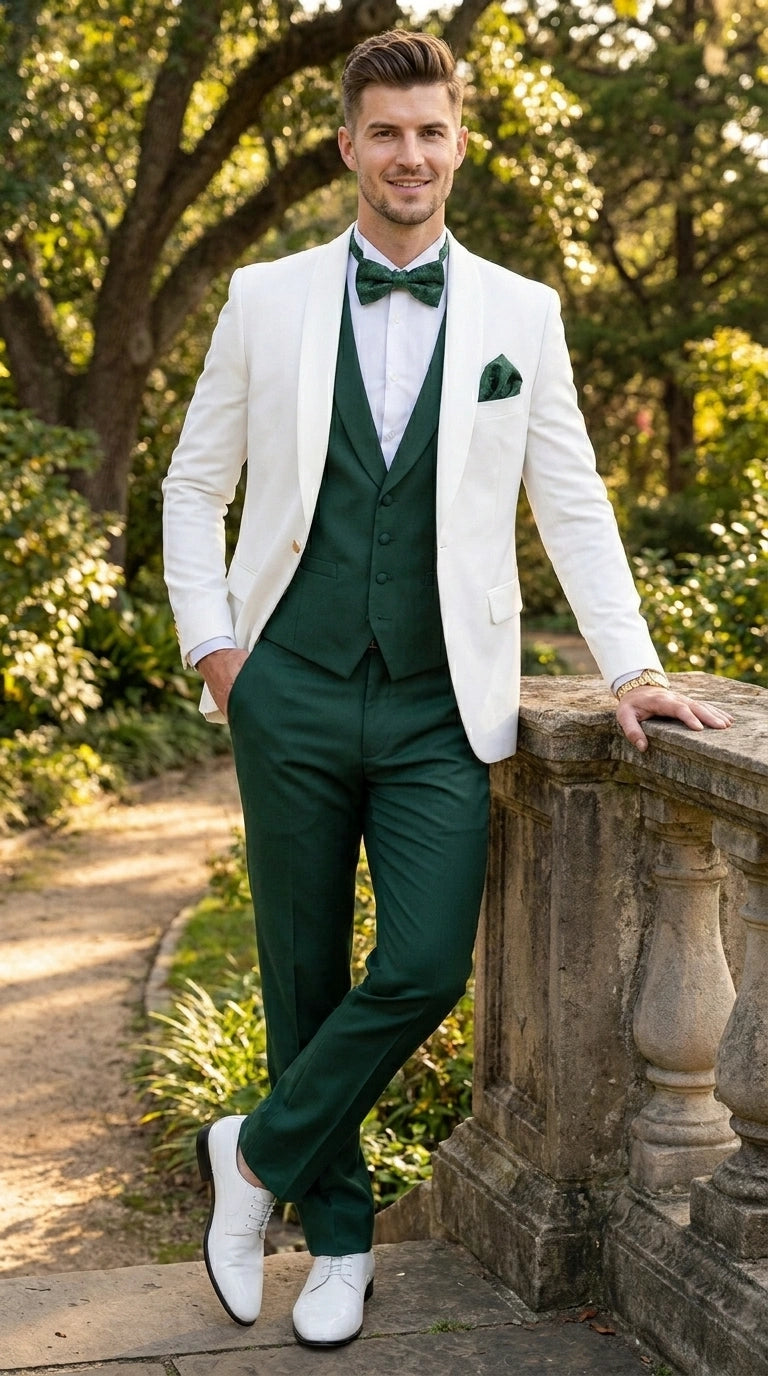 Men’s White and Hunter Green 3 Piece Suit – Elegant Formal Suit with Vest, Wedding Tuxedo Suit for Prom and Party Wear - 34 Short or Extra Small