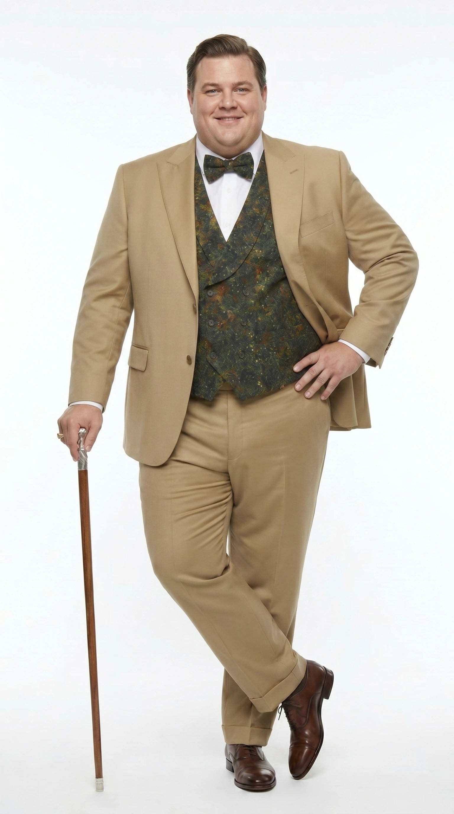 Men’s Khaki 3 Piece Suit with Patterned Vest, Great Gatsby Inspired Formal Suit for Weddings, Mardi Gra in Tan Camel Color - 34 Short or Extra Small