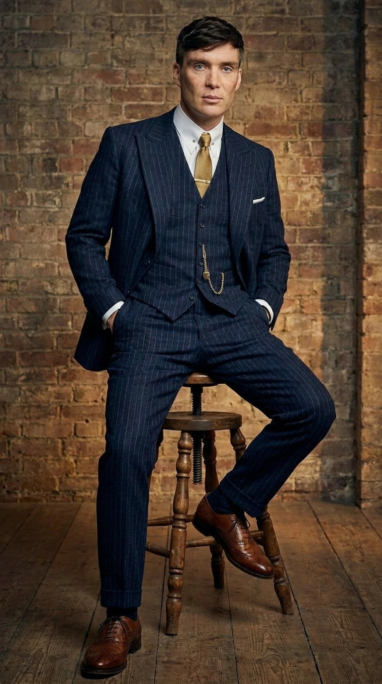 Men’s Navy Blue Pinstripe 3 Piece Suit, Thomas Shelby Inspired Vintage Formal Suit for Weddings, Parties, Prom, and Special Events - 34 Short or Extra Small