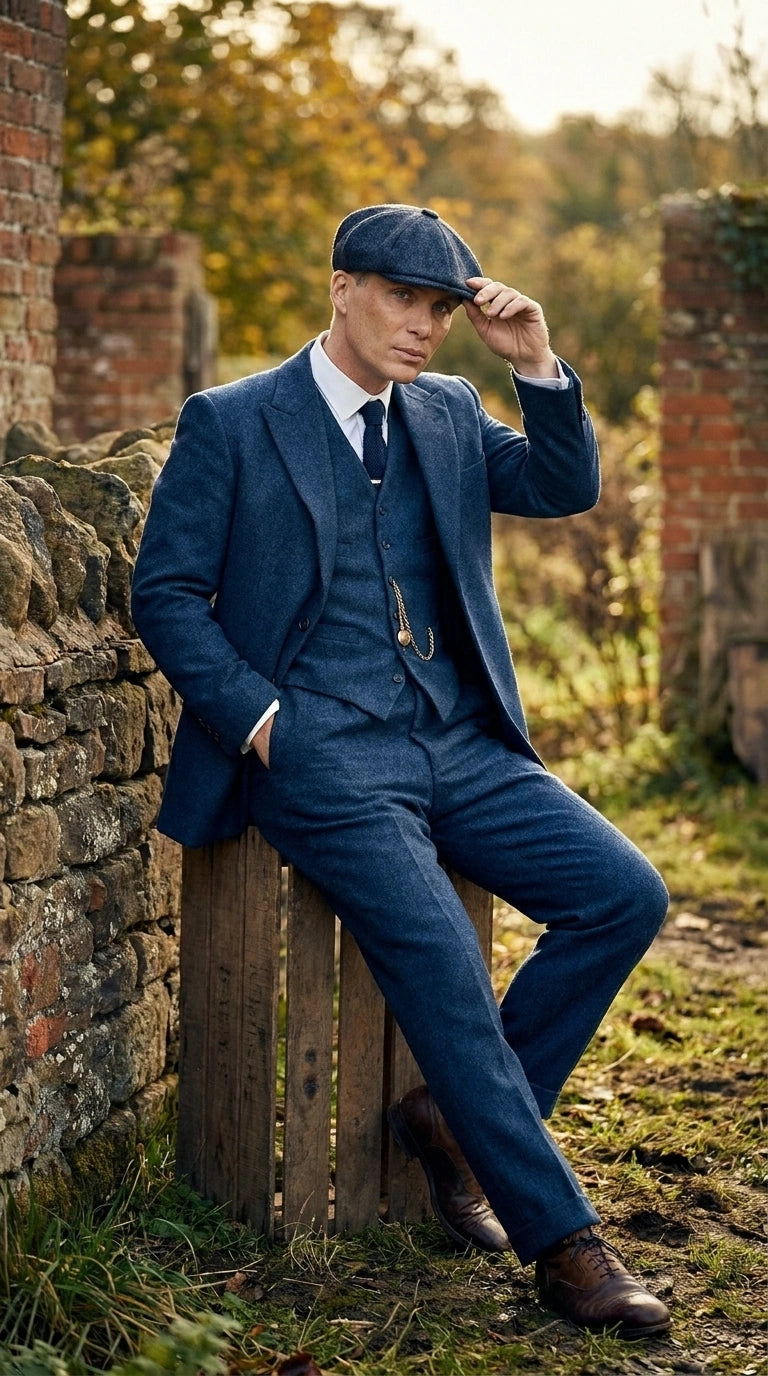 Men’s Blue 3 Piece Suit, Thomas Shelby Inspired Vintage Formal Suit Herringbone Tweed 1920s fabric - 34 Short or Extra Small