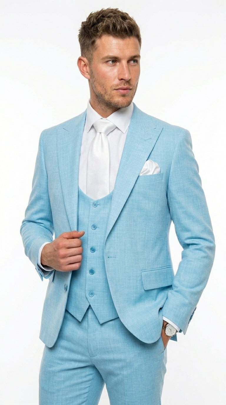 Men’s Turquoise Light blue Suit, Vested Formal Dress Suit for Weddings, Prom, Summer Parties, and Special Occasions in Aqua Blue Color By Rossiman - 34 Short or Extra Small