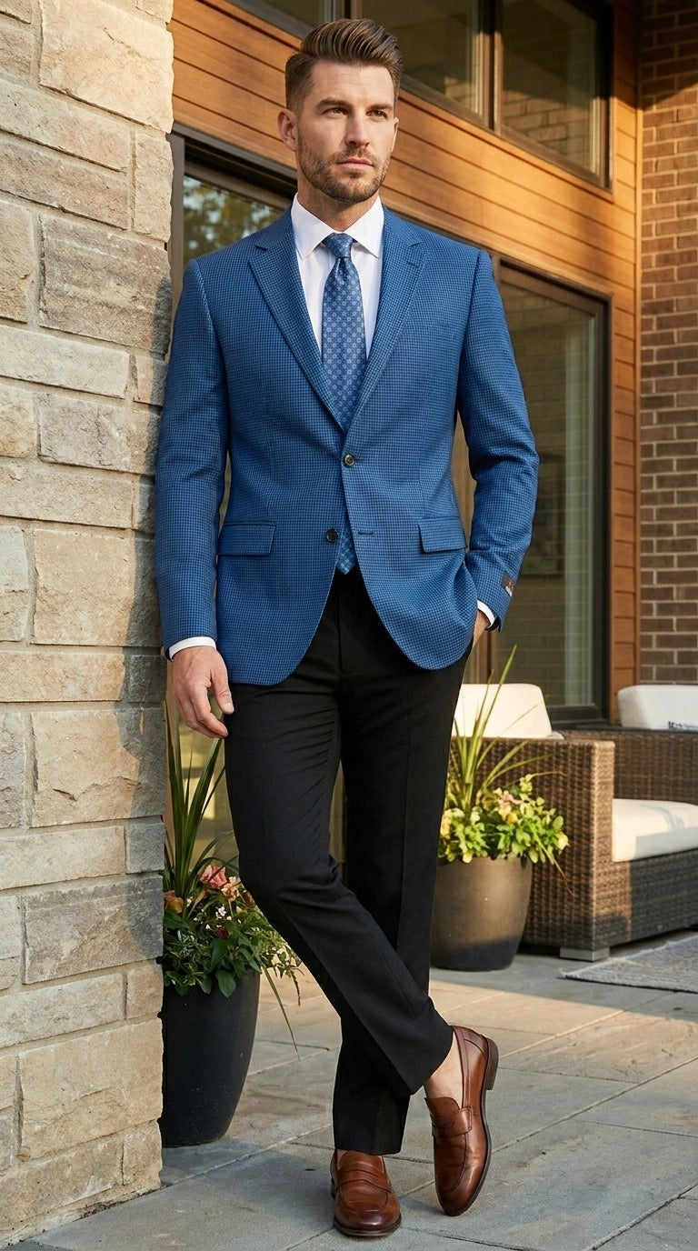 Men’s Blue Houndstooth Blazer Jacket, Check Pattern Formal Sport Coat for Weddings, Prom, Parties, and Special Occasions - 36 Short