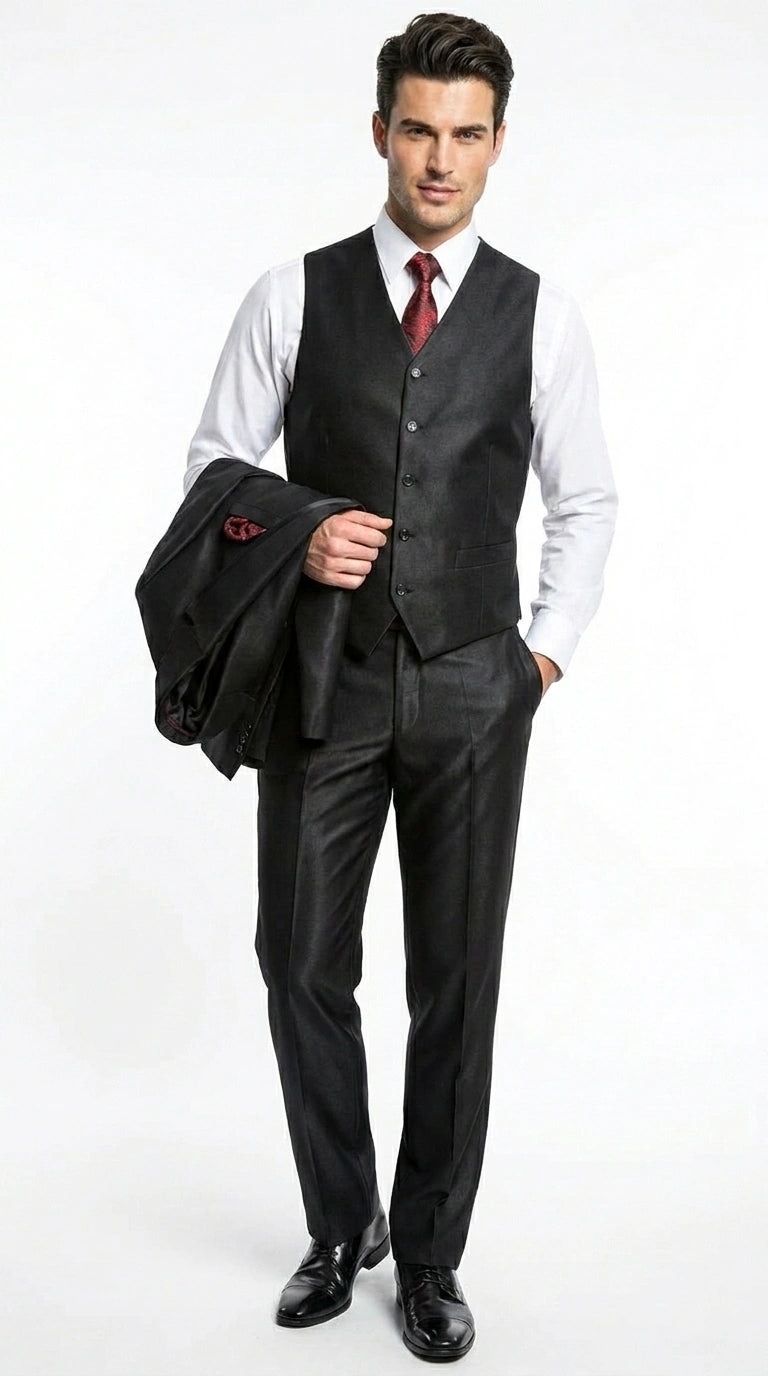 Men’s Black Shiny 3 Piece Tuxedo Groom Suit, Formal Vest Suit for Weddings, Prom, Black Tie Events, Black Lapel - 34 Short or Extra Small