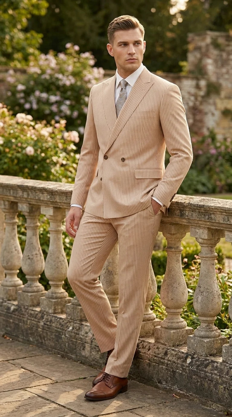 Vitali Men’s Tone on Tone Beige Pinstripe 2 Piece Suit, Double Breasted Summer Dress Suit for Weddings, Tan Beige Shadow Pinstripe - 34 Short or Extra Small