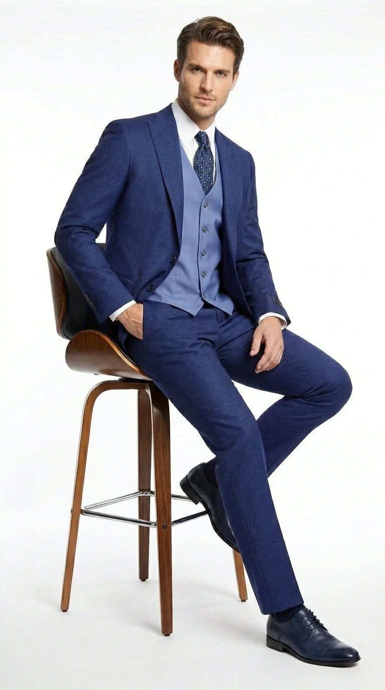 Vitali Men’s Navy Blue 3 Piece Suit with Light Blue Vest, Textured Formal Dress Suit for Weddings, Prom, Business Events, and Parties - 34 Short or Extra Small