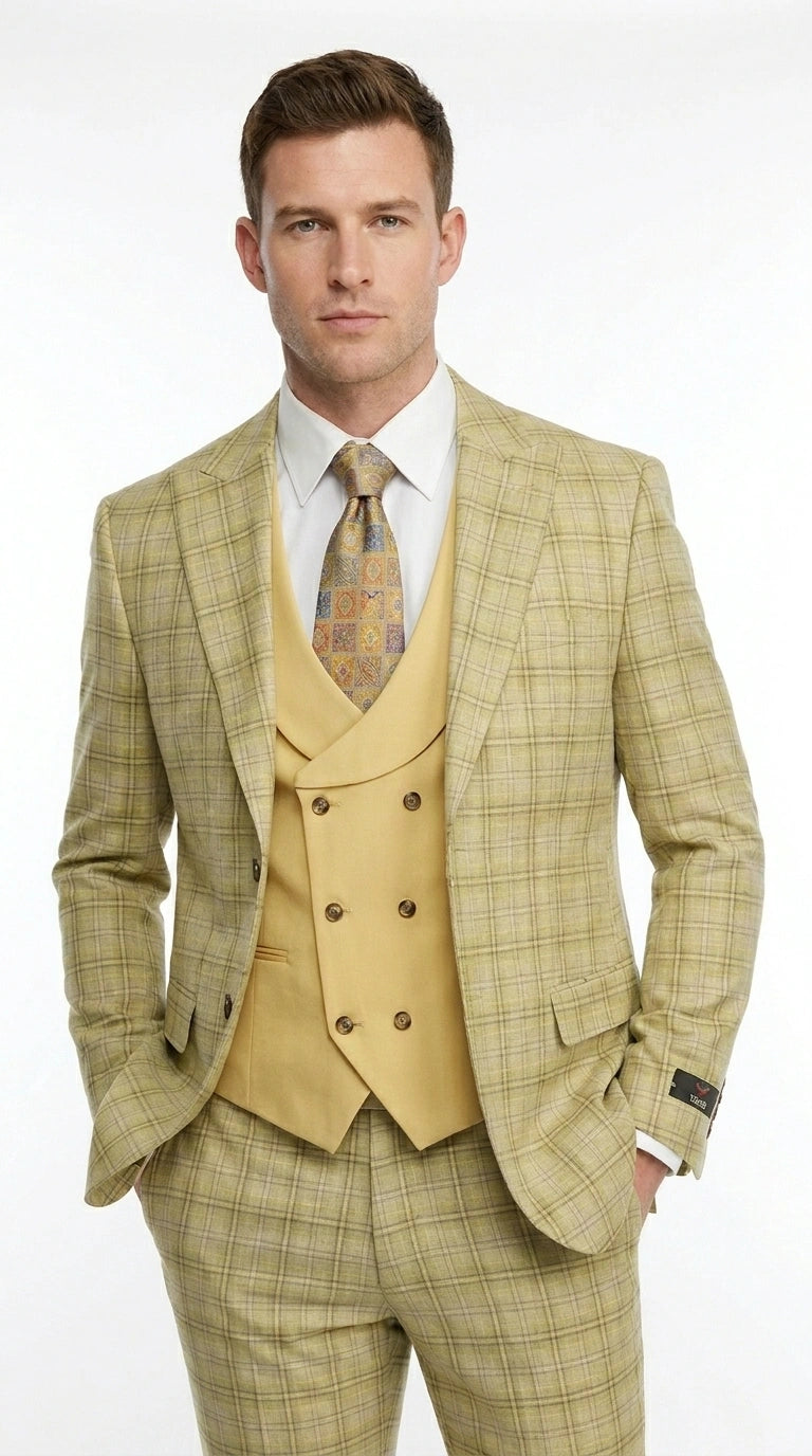 Vitali Men’s Sage Beige Tan Plaid 3 Piece Suit, Check Pattern Formal Dress Suit for Weddings, Prom, Business Events, Modern Fit Light Yellow Color - 34 Short or Extra Small