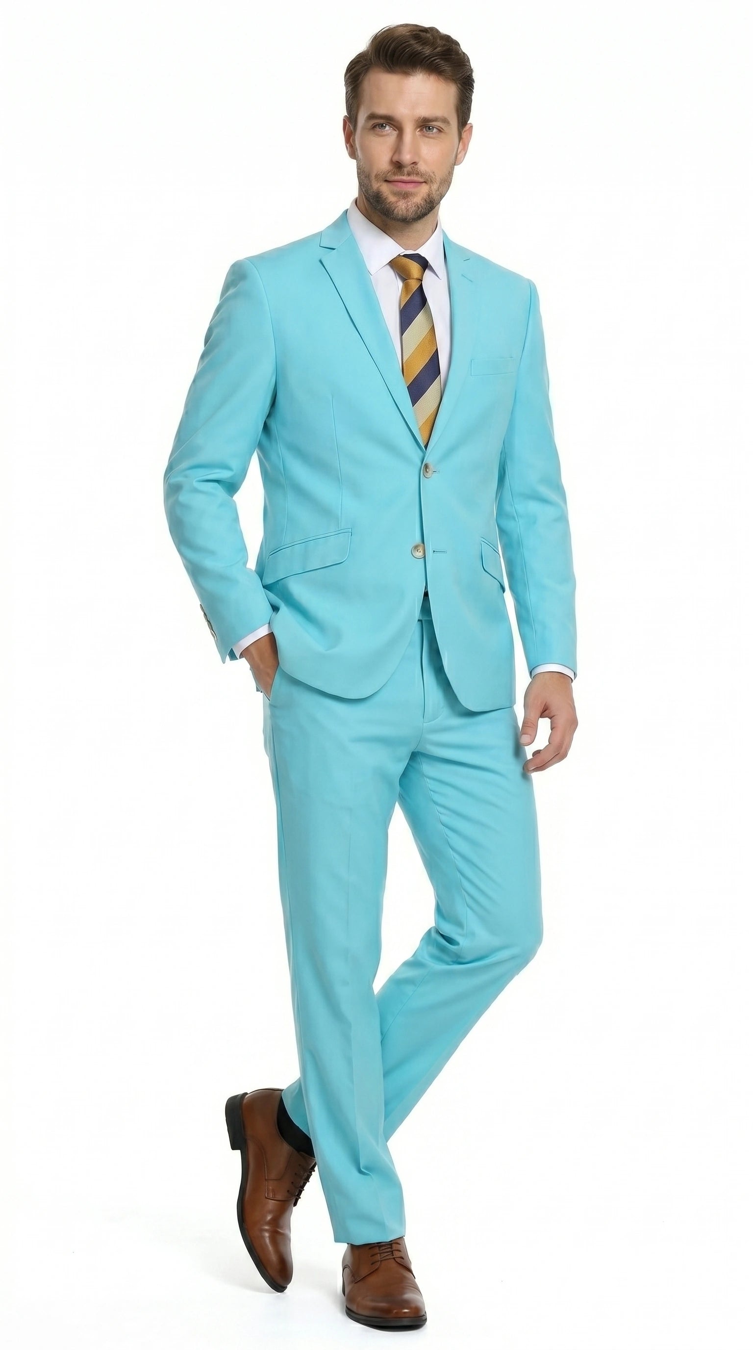Men’s Aqua Blue 2 Piece 2 Button Suit, Formal Dress Suit for Weddings, Prom, Parties, Summer Events, Turquoise Light blue - 34 Short or Extra Small
