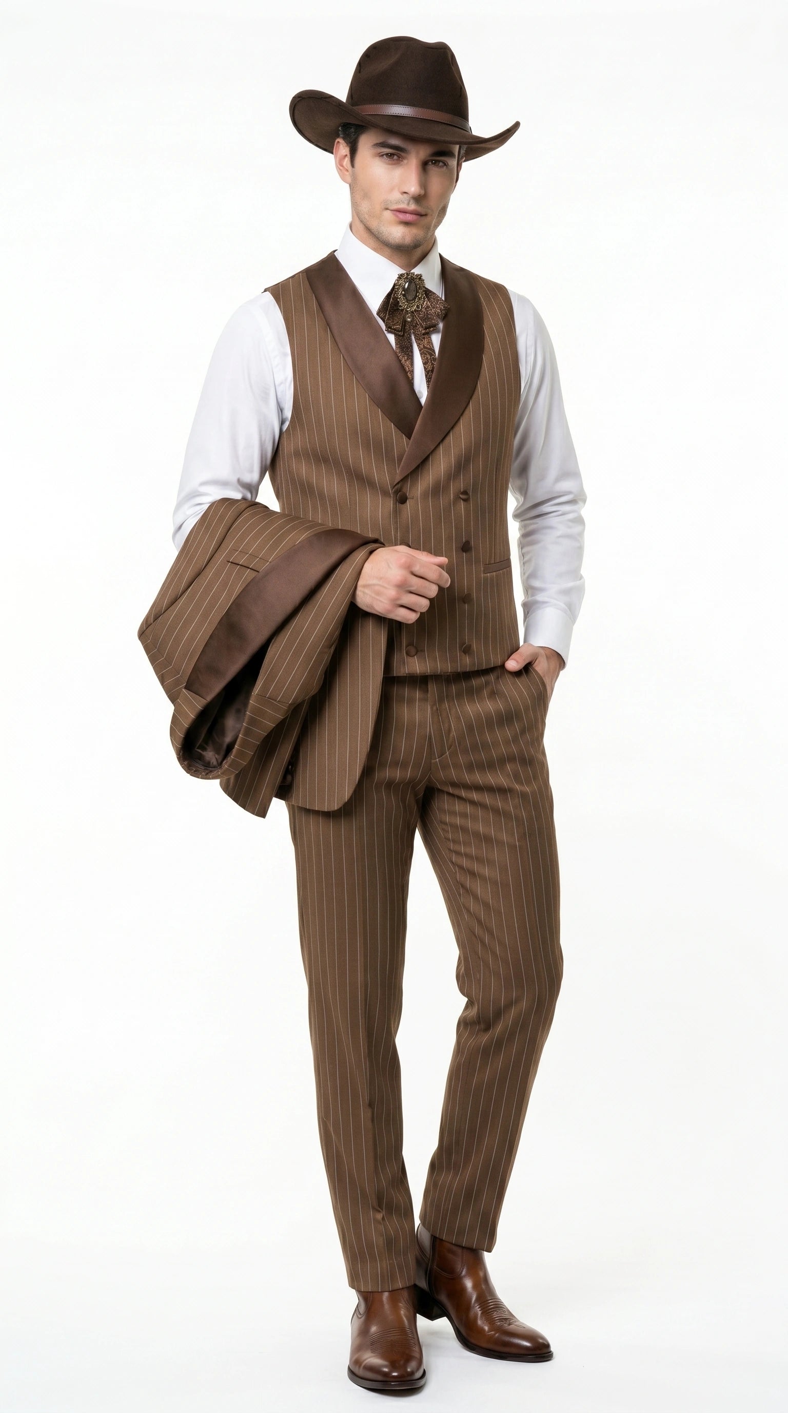 Men’s Brown Pinstripe Western Cowboy Tuxedo, Contrast Shawl Lapel Formal Suit for Weddings, Prom, Parties, and Special Occasions - 34 Short or Extra Small