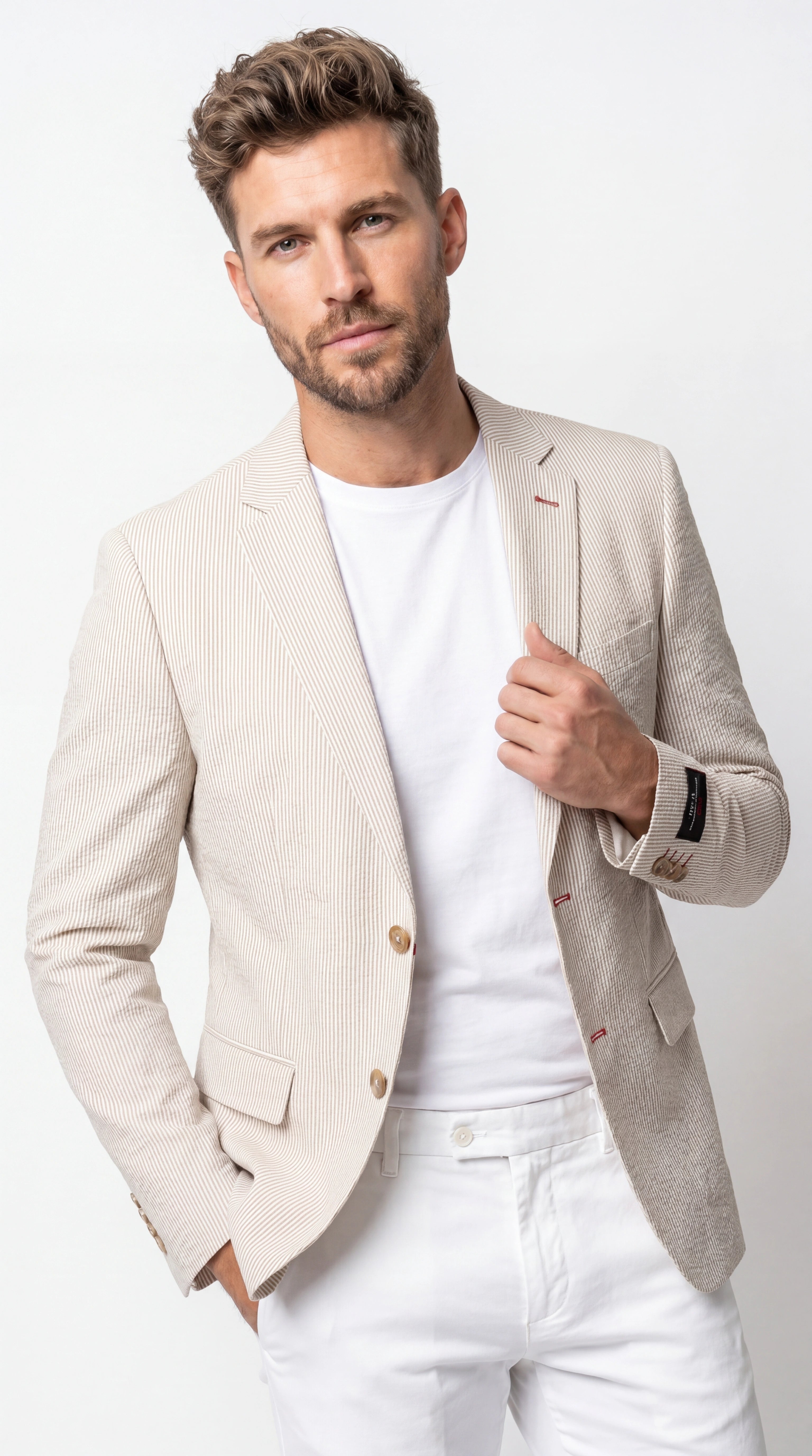 Men’s Beige Seersucker Summer Blazer, Lightweight Striped Sport Coat for Weddings, Parties, Beach Events in Tan Color - 36 Short