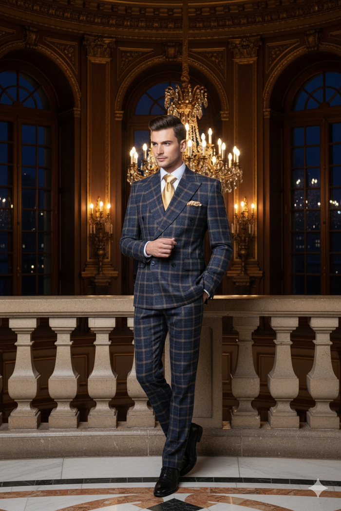 Mens Navy and Tan Windowpane Double-Breasted Suit | Classic 2-Piece Plaid Dress Suit, Business, and Formal Events By Rossiman