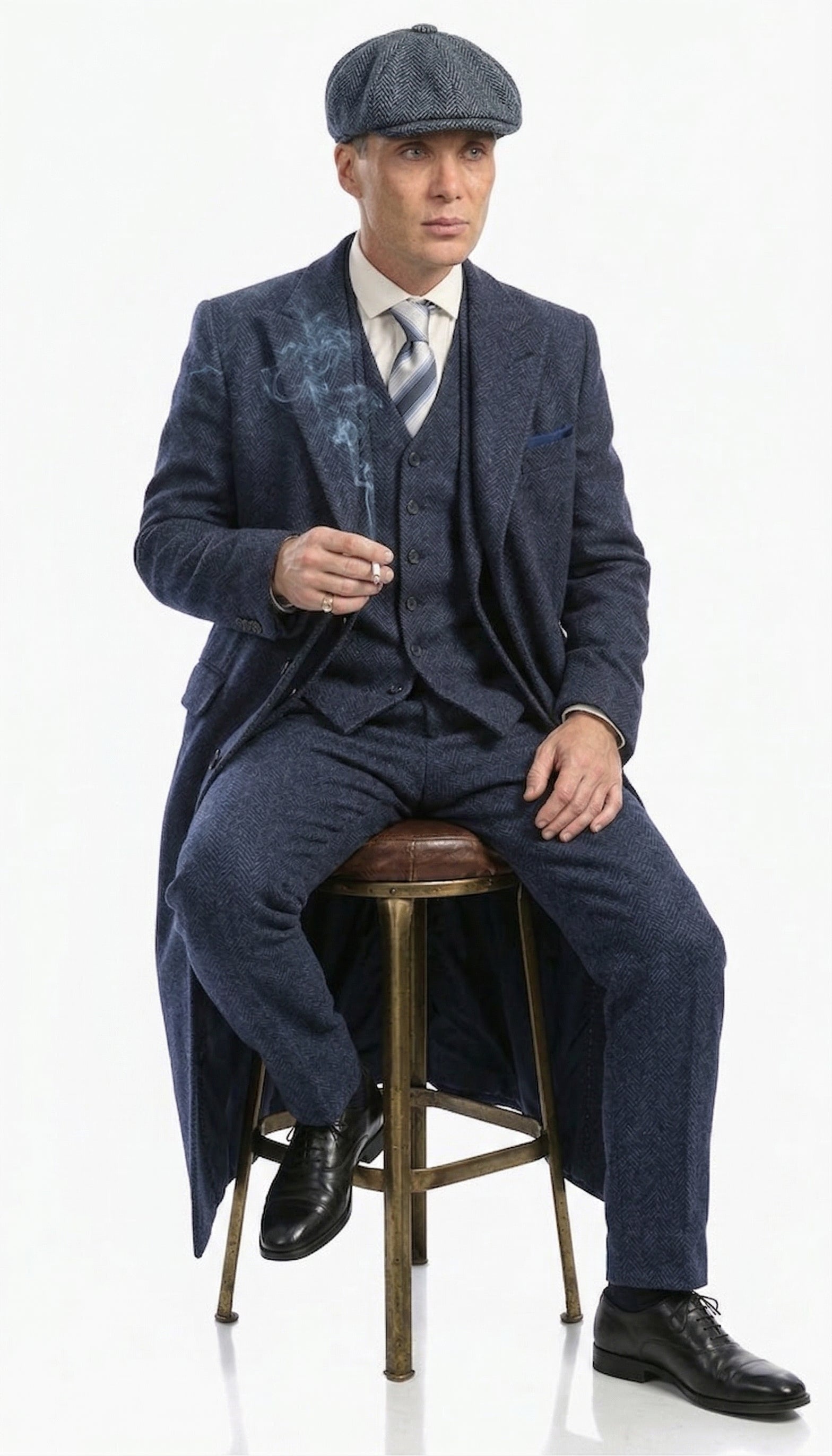 Men’s Navy Blue Herringbone Tweed  1920s 3 Piece Suit with Overcoat – Vintage Peaky Blinder Style Formal Suit Set with Blazer, Waistcoat + Overcoat + Hat - Navy Blue