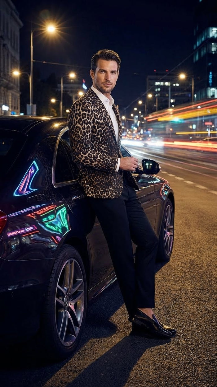 Mens Leopard Print Blazer Slim Fit Statement Jacket for Evening, Party, and Fashion Wear
