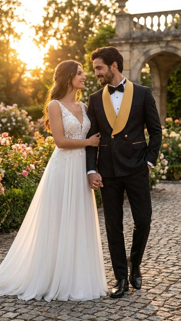 Mens Black and Gold Jacquard Tuxedo Suit Luxury Slim Fit Formal Wedding, Prom, and Gala Outfit