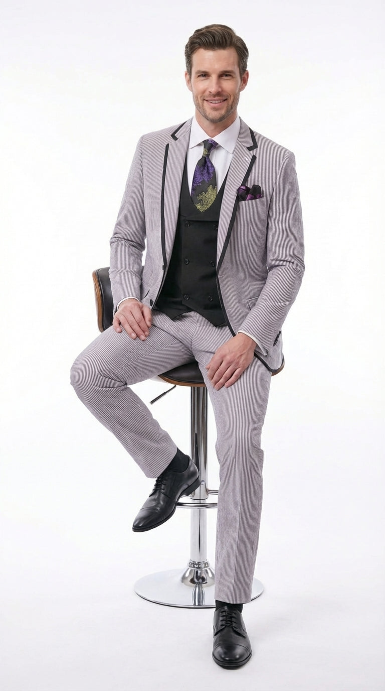 Mens Black and White Pinstripe Wedding Tuxedo Suit – Three Piece Formal Suit Set with Contrast Trim for Groom, Prom - Seersucker Summer Suit - 34 Short or Extra Small