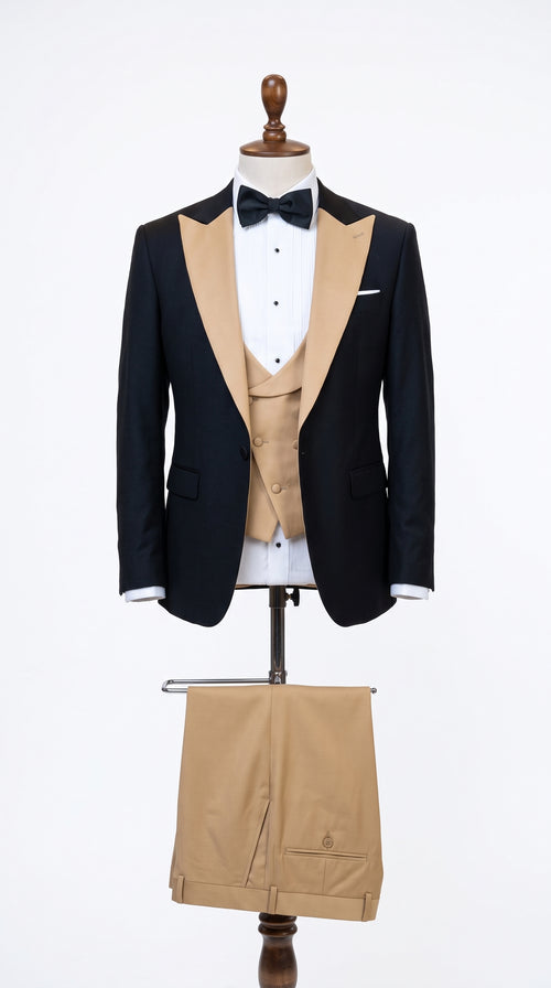 Men's Western Khaki Cowboy Tuxedo Suit – Black & Tan Beige  Peak Lapel 3-Piece Vested Formal Cowboy Suit
