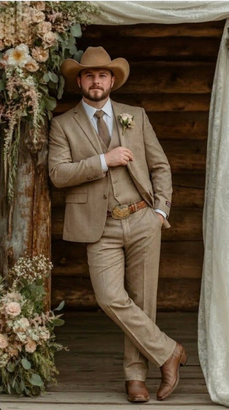 Mens Sharkskin Dark Taupe Tan with sheen Western 3 Piece Suit – Classic Country Style Blazer Vest Pants Set, Formal Cowboy Suit Outfit - 34 Short or Extra Small