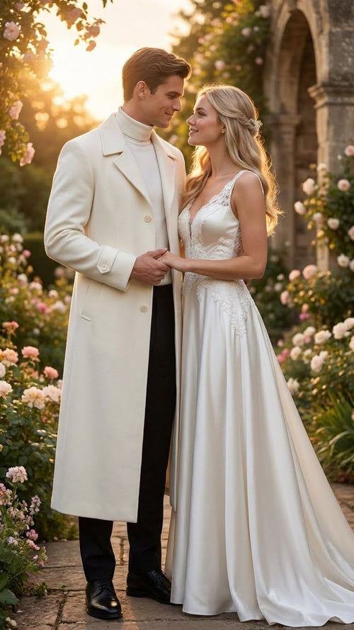 Mens Off-White Long Trench Coat Overcoat with Classic Clean Design Duster Maxi Coat in Ivory Color