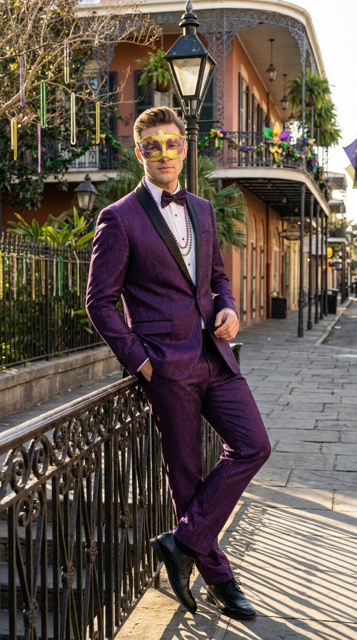 Mens Purple Shimmer Mardi Gras Suit with Black Satin Lapel Shiny Metallic Formal Party and Carnival Suit Sequin Look