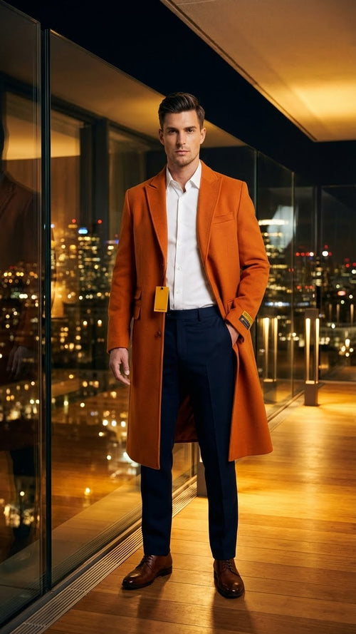 Mens Orange - Rust Wool Blend Long Overcoat Topcoat Carcoat Topcoat